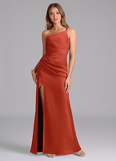 Azazie Eren Bridesmaid Dresses Rust Mermaid One Shoulder Stretch Satin Dress image1