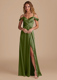 Azazie Ocean Brautjungfernkleider A-Linie Schulterfrei Metallischer Satin Kleid Olivgrün image1