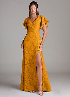 Azazie Ambrosia Bridesmaid Dresses Butterscotch A-Line Pleated Floral Burnout Dress image1