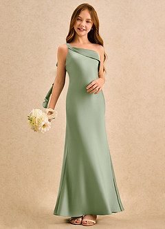 Azazie Almond Girls Formal Sukienki dla dziewczynek sypiących kwiaty Osłona Jedno ramię Satyna elastyczna Długość podłogi Sukienka image2