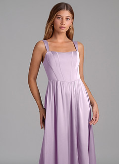 Azazie Rosaline Bridesmaid Dresses Frosted Lilac A-Line Side Slit Stretch Satin Dress image6