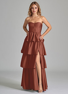Azazie Faye Bridesmaid Dresses Auburn A-Line Ruched Stretch Satin Dress image5