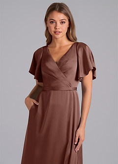 Azazie Ambrosia Bridesmaid Dresses Espresso A-Line Pleated Stretch Satin Dress image2
