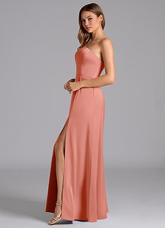 Azazie Trina Bridesmaid Dresses Coral A-Line One Shoulder Stretch Satin Dress image5
