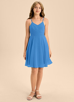 Azazie Avelina Junior Blue Jay A-Line Pleated Chiffon Dress image4