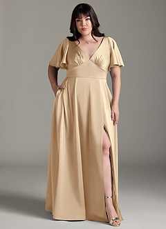 Azazie Kimber Brudtärnklänningar Klänning av A-Line i Stretch Satin Ruched Champagne image7