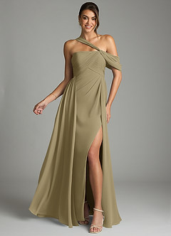 Azazie Kassandra 신부 들러리 드레스 A라인 오프 더 숄더 쉬폰 바닥 길이 드레스 image1