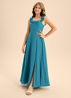 Azazie Callie Junior Abito A-Line in Chiffon Increspato Blu Inchiostro image3