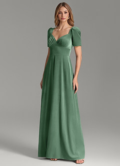 Azazie Alaya At-home Try On Dresses Eucalyptus A-Line Sweetheart Neckline Velvet Dress image5