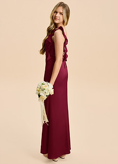 Azazie Jessamine Junior Burgundy Sheath Ruched Stretch Satin Dress image3
