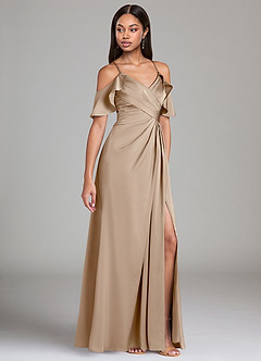 Azazie Dakota Bridesmaid Dresses Taupe A-Line Off the Shoulder Stretch Satin Dress image1