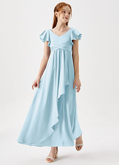 Azazie Omari Junior Sky Blue A-Line Pleated Stretch Satin Dress image1