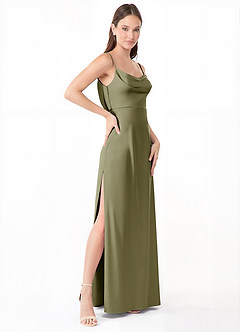 Azazie Alaija Robes de demoiselle d'honneur Robe Sirène en Satin extensible Fente Latérale Pistache image3