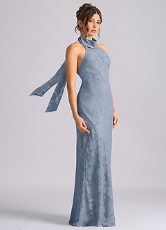 Azazie Velli Vestidos de damas de honor Vestido de Azul Polvoriento de Devorado Floral de Corte Sirena con Cuello Alto image4