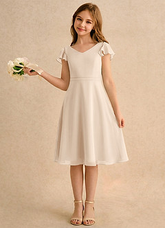 Azazie Narin Girls Formal Blumenmädchenkleider A-Linie mit ärmel Chiffon Kleid Alabaster Weiß image1