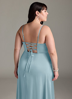 Azazie Marchella Vestidos de damas de honor Vestido de Azul Malhumorado de Satén Elástico de Corte en A con Corsé image12