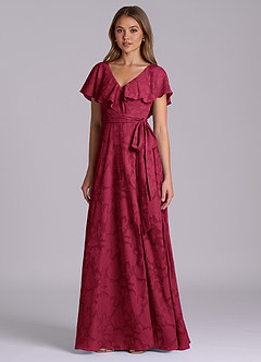 Azazie Lainey Bridesmaid Dresses Burgundy A-Line with Pockets Floral Burnout Dress image4