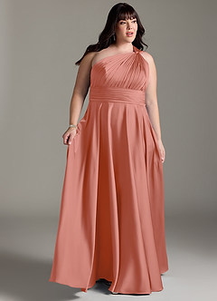Azazie Charlize Bridesmaid Dresses Salmon Pink A-Line One Shoulder Stretch Satin Dress image11