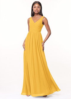 Azazie Keyla Bridesmaid Dresses Marigold A-Line V-Neck Pleated Chiffon Dress image1