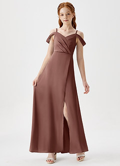 Azazie Ocean Junior Espresso A-Line Off the Shoulder Stretch Satin Dress image6