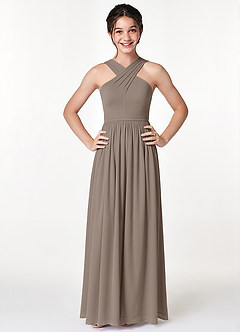 Azazie Jiya Junior Taupe A-Line Pleated Mesh Dress image4
