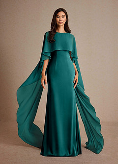 Azazie Milfred Peacock Sheath Boatneck Stretch Satin Dress | Azazie