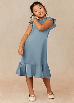 Azazie Sweet Pea Flower Girl Dresses Dusty Blue A-Line Ruched Stretch Satin Dress image1