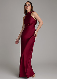 Azazie Dimitra Bridesmaid Dresses Burgundy A-Line Pleated Stretch Satin Dress image4