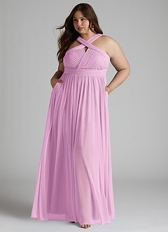 Azazie Hillian Bridesmaid Dresses Candy Pink A-Line Halter Pleated Mesh Dress image8
