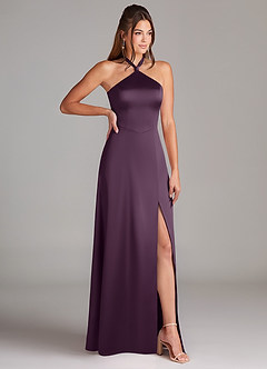 Azazie Elliana Bridesmaid Dresses Plum A-Line Side Slit Stretch Satin Dress image3