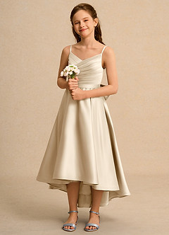 Azazie Sweets Girl vestidos de niña de las flores Vestido de Champán de Satin Mate de Corte En A con Plisado image1