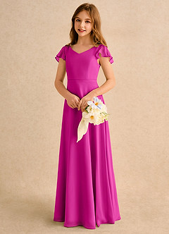 Azazie Nari Girls Formal Robe Demoiselle D'honneur Fillette Robe Trapèze en Mousseline de soie avec manches Fuchsia image3