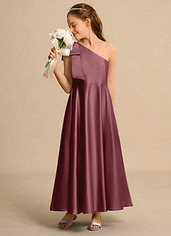 Azazie Guppy Junior Formal vestidos de niña de las flores Vestido de Rosa Del Desierto de Satin Mate de Corte En A con Hombro unilateral image4