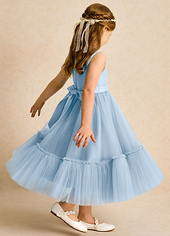 Azazie Miracle Blumenmädchenkleider A-Linie Schleifen Matte Satin Kleid Puderblau image5