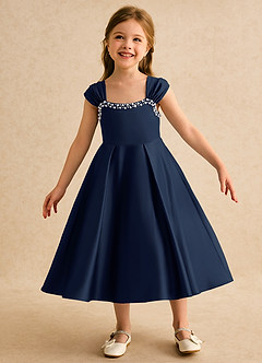 Azazie Yosemite Flower Girl Dresses Dark Navy Ball-Gown Sweetheart Neckline Matte Satin Dress image3