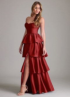 Azazie Faye Bridesmaid Dresses Pomegranate A-Line Ruched Stretch Satin Dress image3