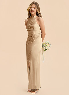 Azazie Jemma Junior Champagne Sheath Ruched Stretch Satin Dress image5