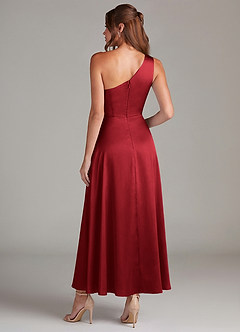 Azazie Brooke Robes de demoiselle d'honneur Robe Trapèze en Satin extensible Une épaule Écarlate image7