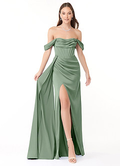 Azazie Amyra Vestidos de damas de honor Vestido de Matcha de Satén Elástico de Corte Recto Convertible con Vestidos sin tirantes image1