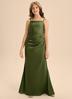 Azazie Renna Junior Olive A-Line Pleated Stretch Satin Dress image4