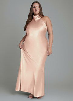 Azazie Velli Vestidos de damas de honor Vestido Rosa Inglesa de Satén Metálico de Corte Recto con Cuello alto image11