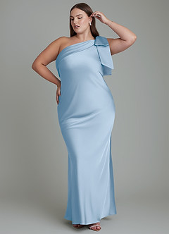 Azazie Yuanna Vestidos de damas de honor Vestido Azul Pálido de Satén Elástico de Corte Sirena con Un hombro image11