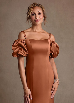 Azazie Redding Mother of the Bride Dresses Copper Sheath Ruched Stretch Satin Dress image5