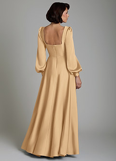 Azazie Solana Robes de demoiselle d'honneur Robe Trapèze en Satin extensible Manches longues Or image2