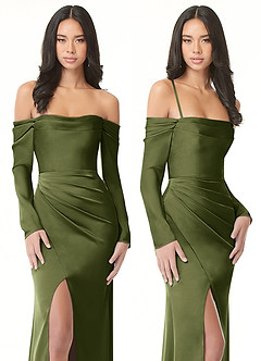 Azazie Hallie Bridesmaid Dresses Olive Sheath Off-The-Shoulder Long Sleeve Stretch Satin Convertible Dress image9