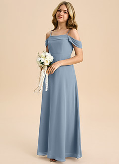 Azazie Anselie Junior Robe Trapèze en Mousseline de soie Épaule décolletée Bleu Poussiéreux image6