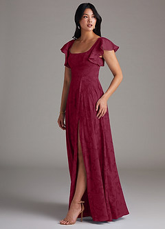 Azazie Bondi Bridesmaid Dresses Burgundy A-Line Side Slit Floral Burnout Dress image2