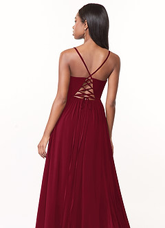 Azazie Marilyssa At-home Try On Dresses Burgundy A-Line Corset Stretch Chiffon Dress image4