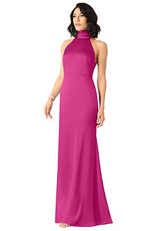 Azazie x Delaney Bridesmaid Dresses Fuchsia Sheath High Neck Stretch Satin Dress image2