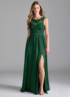 Azazie Elly Bridesmaid Dresses Dark Green A-Line Lace Stretch Satin Dress image3